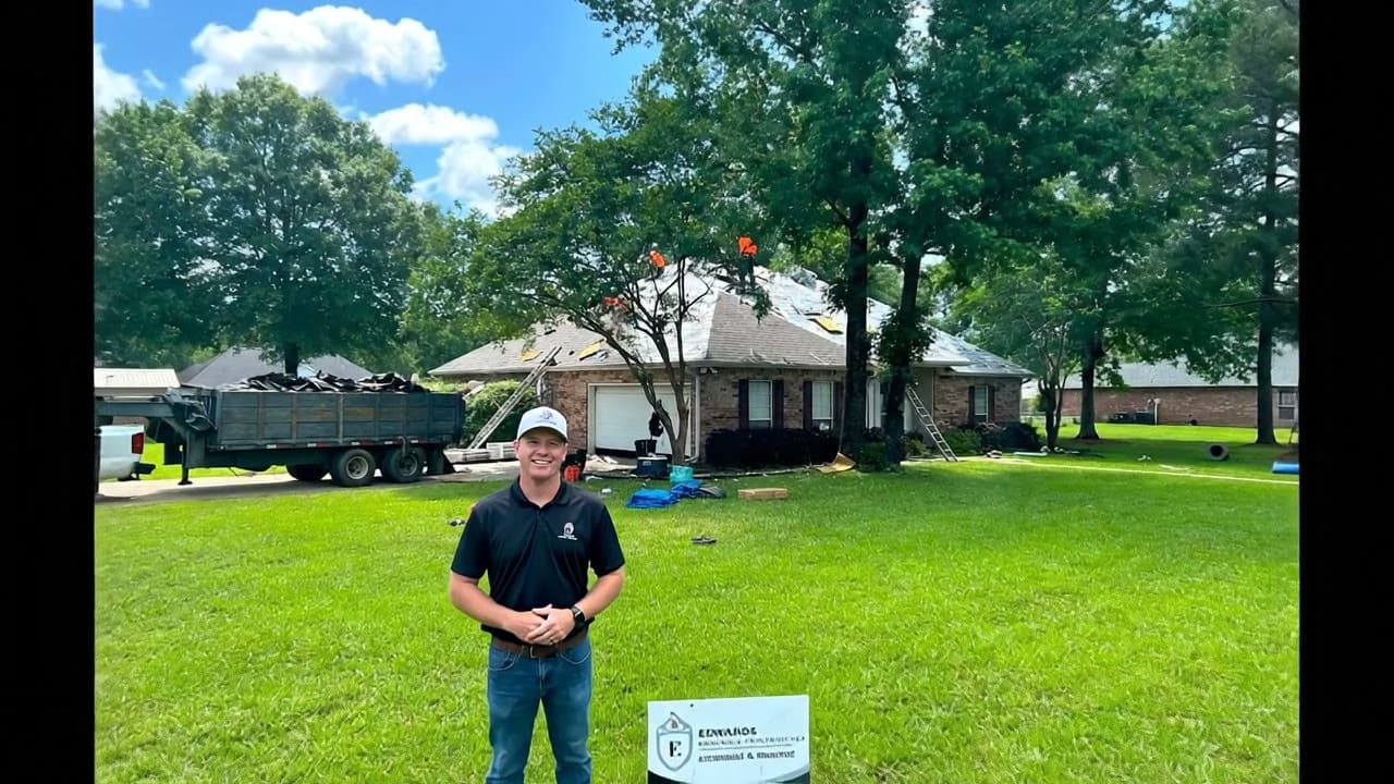 Cory Edwards in front of a home as his crew replaces the roof